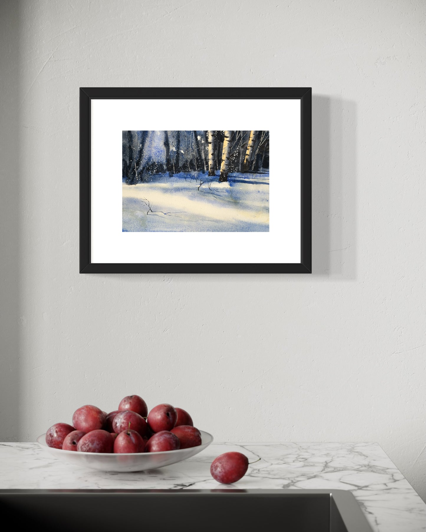 "Drifting snow, golden light" original watercolor painting