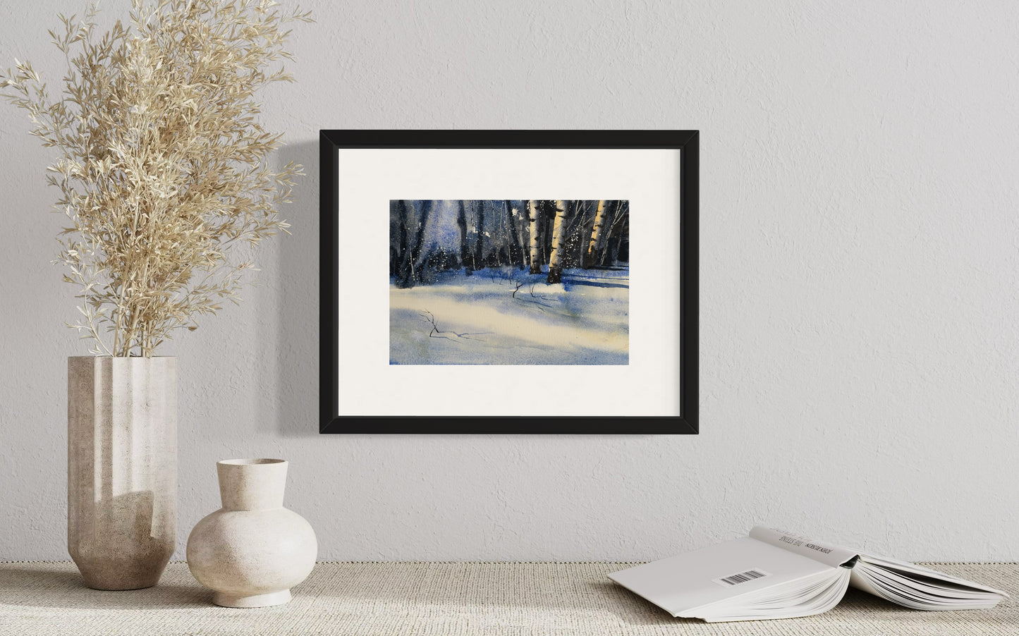 "Drifting snow, golden light" original watercolor painting