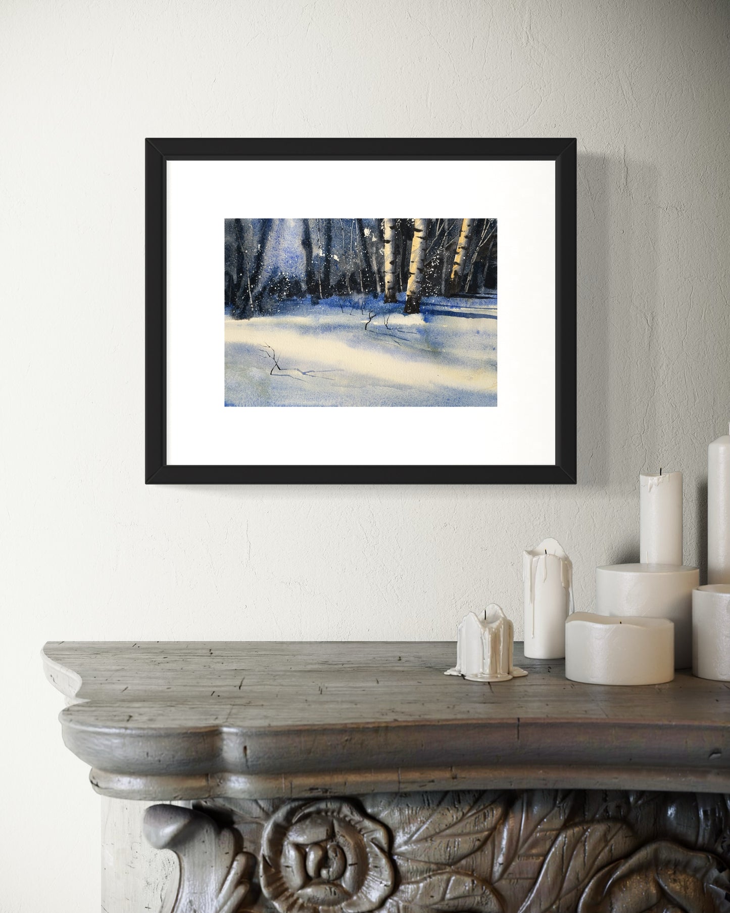"Drifting snow, golden light" original watercolor painting