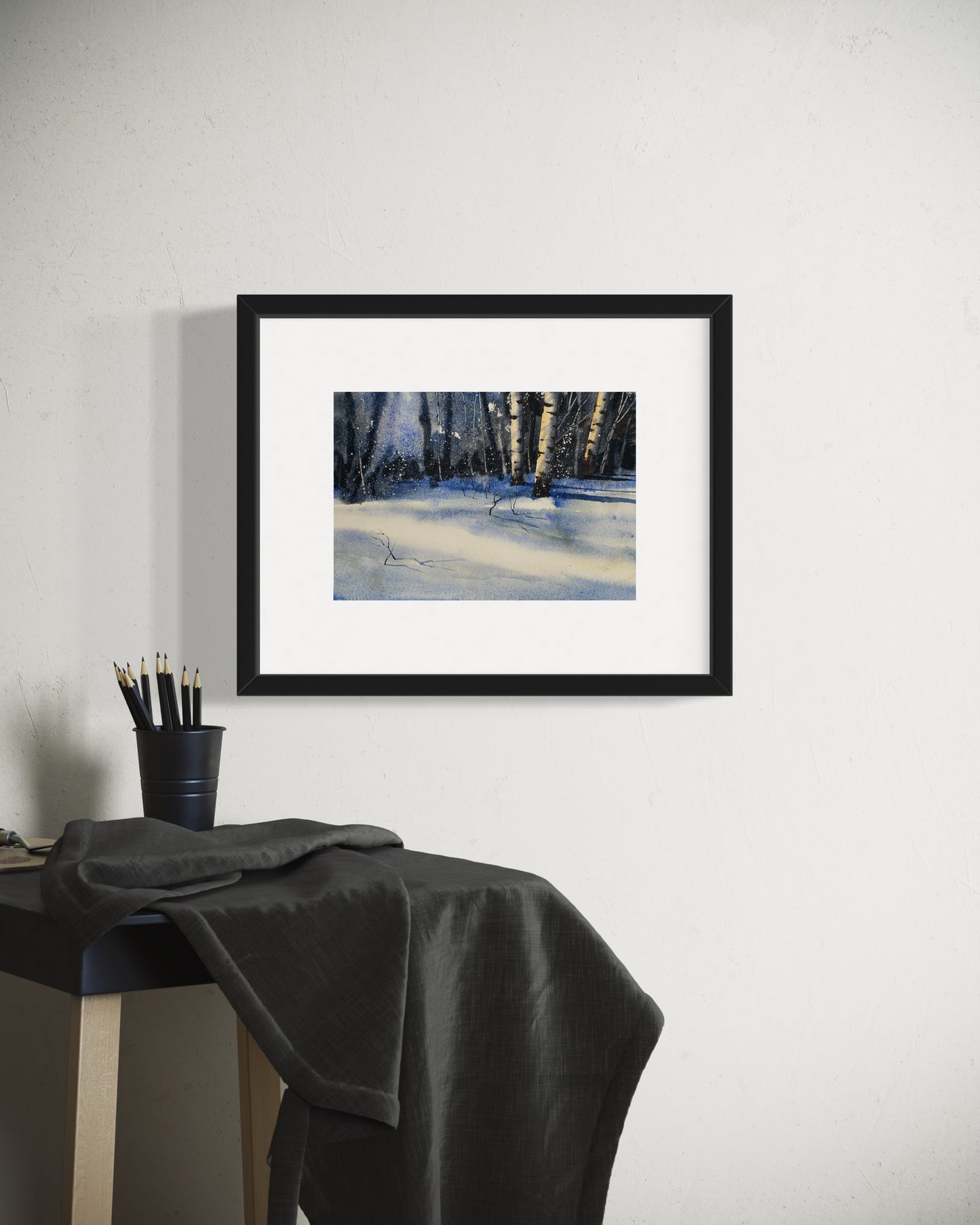 "Drifting snow, golden light" original watercolor painting
