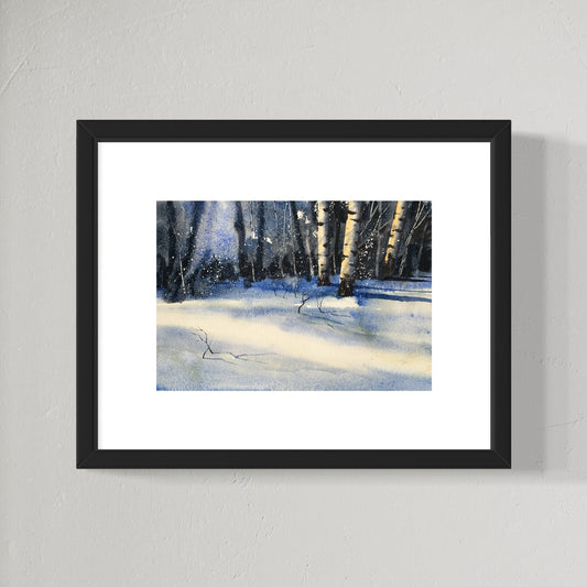 "Drifting snow, golden light" original watercolor painting